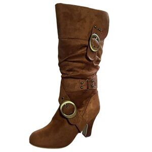 Metallic Studs Edgy Dual Buckles Slouch Knee High Suede Boot with Gold Hardware